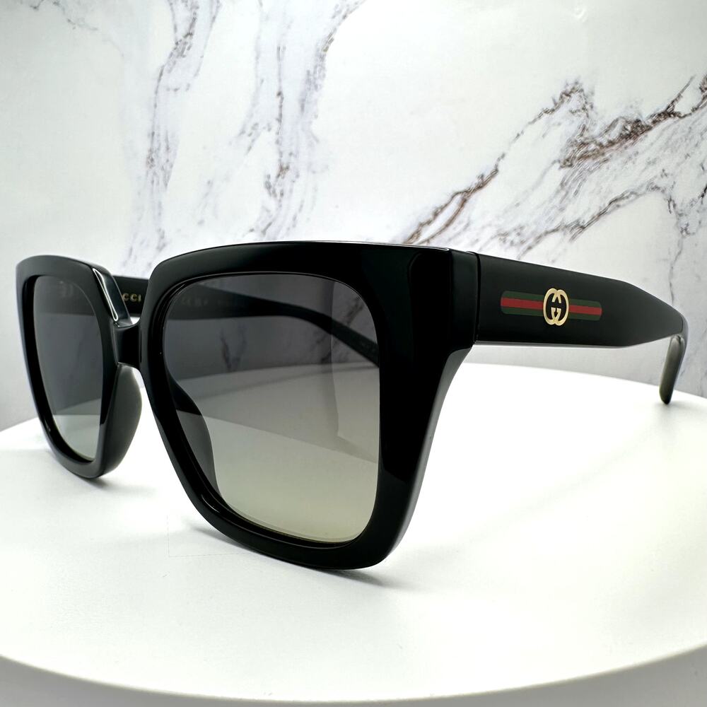 New GUCCI Sunglasses Black 54mm Square Gold Interlocking GG Red Green Web - Picture 4 of 16